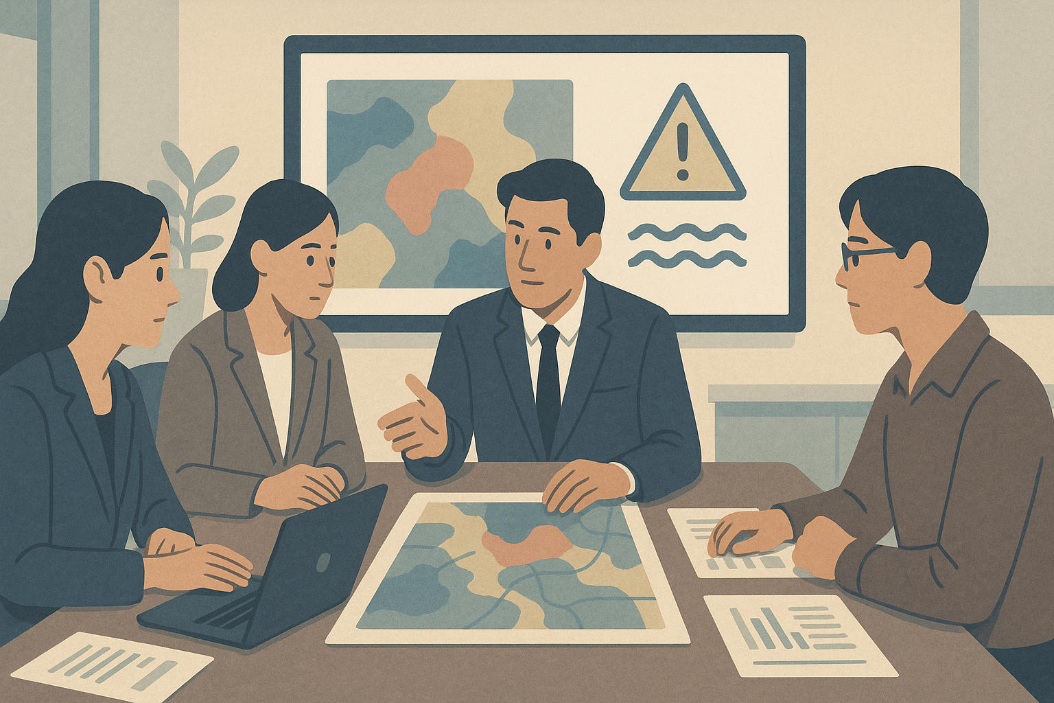 ハザードマップを見ながらリスクを分析する職員たちの様子を、抽象的なイメージで表したもの。