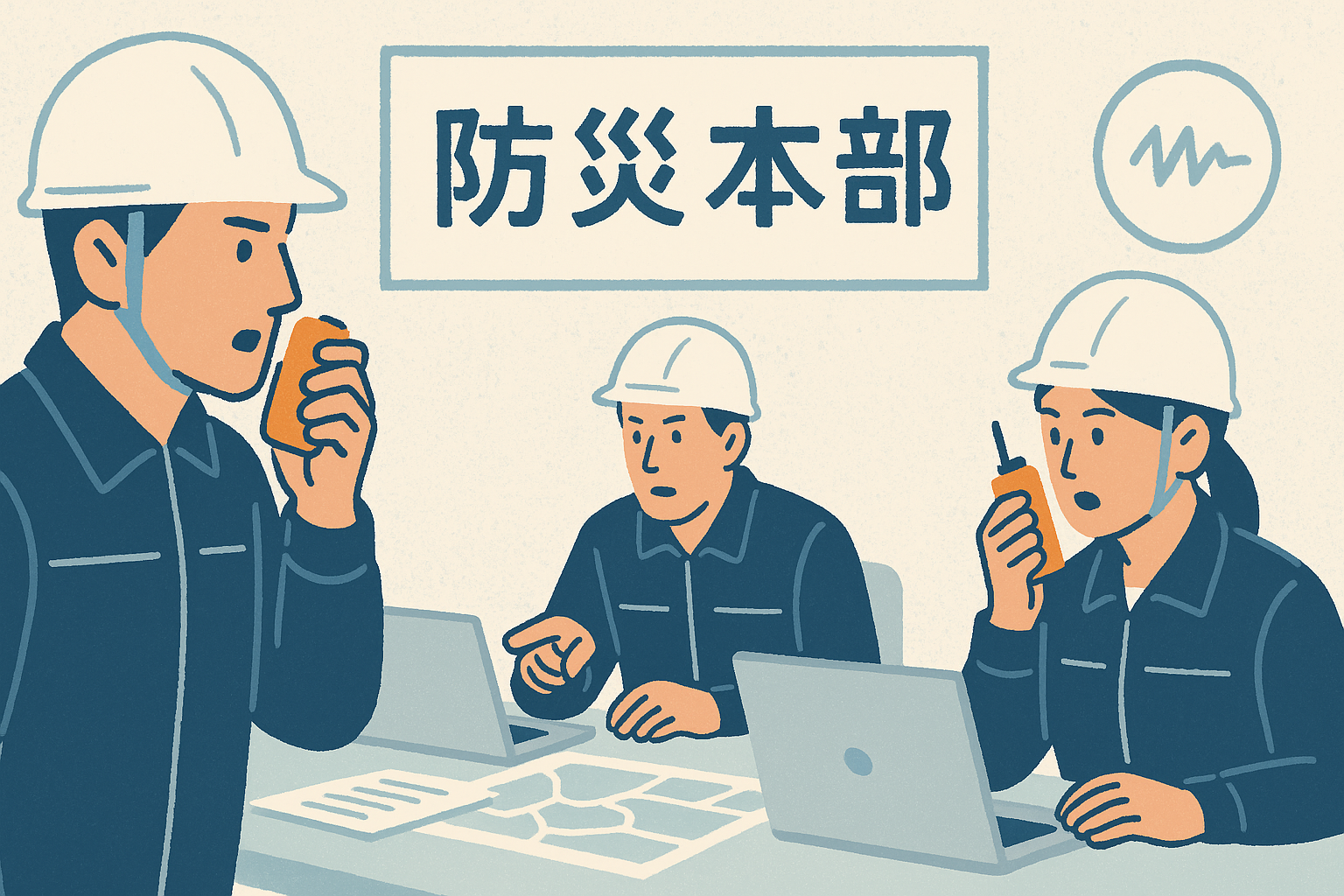 防災本部で無線連絡を取りながら初動対応を行う職員たちを、抽象的なイメージで表現したもの。