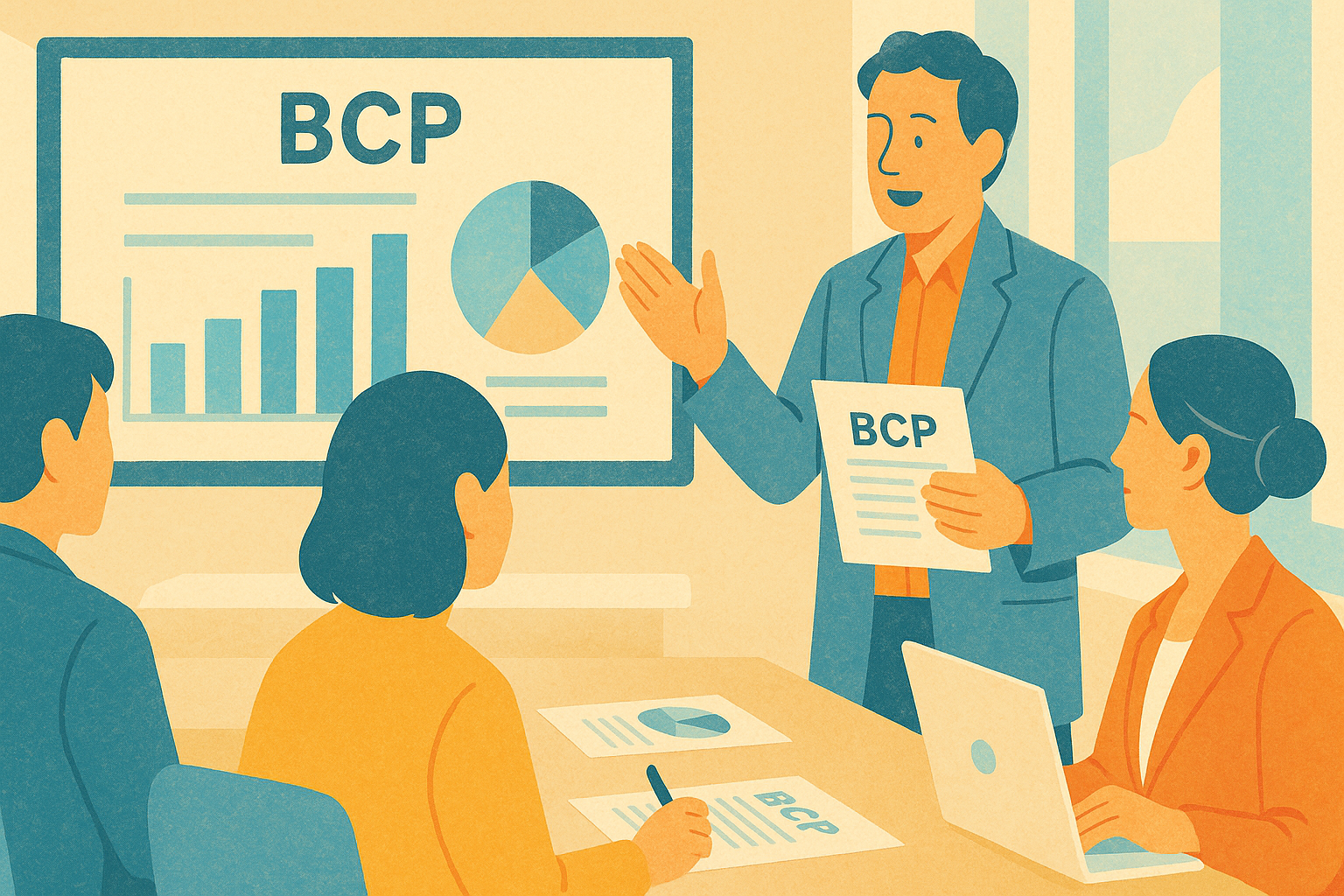 中小企業でBCP制度の概要を共有する経営者と社員の会議風景を、抽象的なイメージで表したもの。