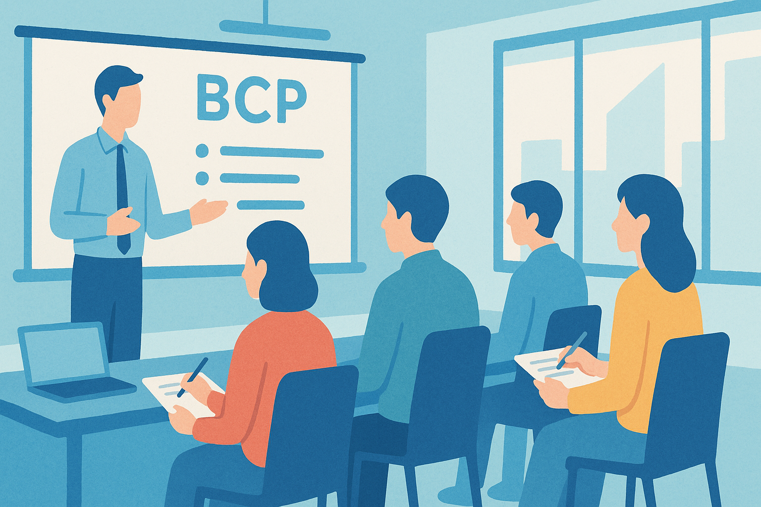 事業継続計画（BCP）に関する研修を受ける職員の様子を、抽象的なイメージで表したもの。